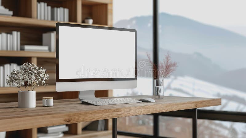 Minimalistic home office with modern desktop computer, wooden desk, bookshelf, natural light stock images