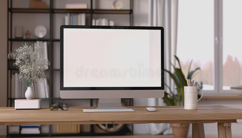 Minimalistic home office with modern desktop computer, wooden desk, bookshelf, natural light stock photography