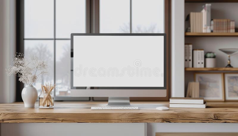 Minimalistic home office with modern desktop computer, wooden desk, bookshelf, natural light stock photography