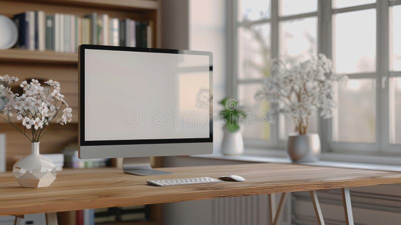 Minimalistic home office with modern desktop computer, wooden desk, bookshelf, natural light stock photography