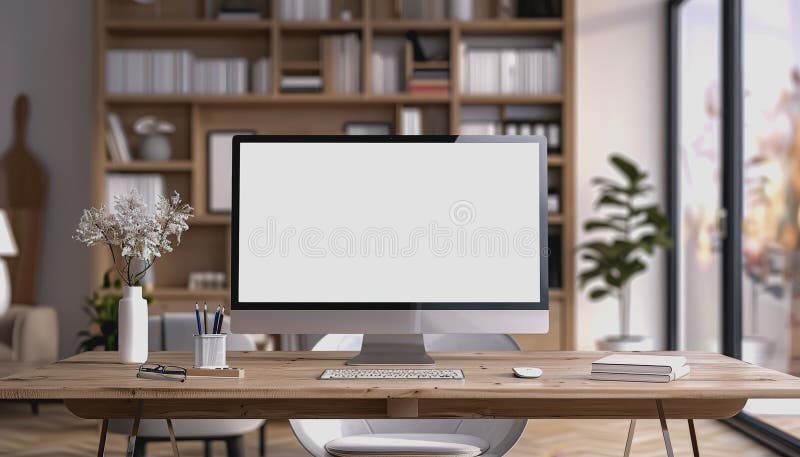 Minimalistic home office with modern desktop computer, wooden desk, bookshelf, natural light stock photos