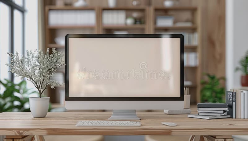Minimalistic home office with modern desktop computer, wooden desk, bookshelf, natural light stock photo