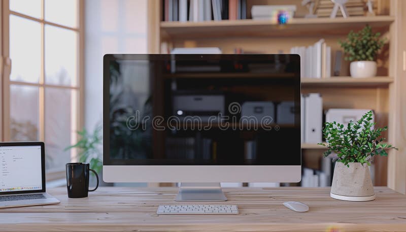 Minimalistic home office with modern desktop computer, wooden desk, bookshelf, natural light stock image