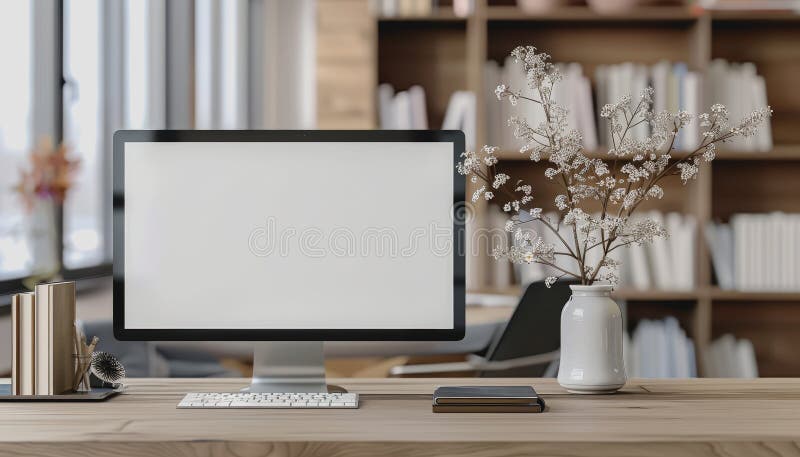 Minimalistic home office with modern desktop computer, wooden desk, bookshelf, natural light stock photos