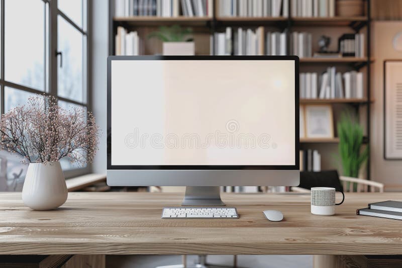 Minimalistic home office with modern desktop computer, wooden desk, bookshelf, natural light stock photography