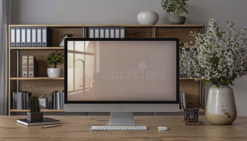 Minimalistic home office with modern desktop computer, wooden desk, bookshelf, natural light stock photos