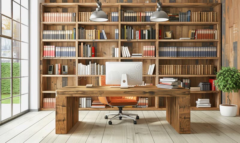 Minimalistic home office with modern desktop computer, wooden desk, bookshelf, natural light royalty free stock photos
