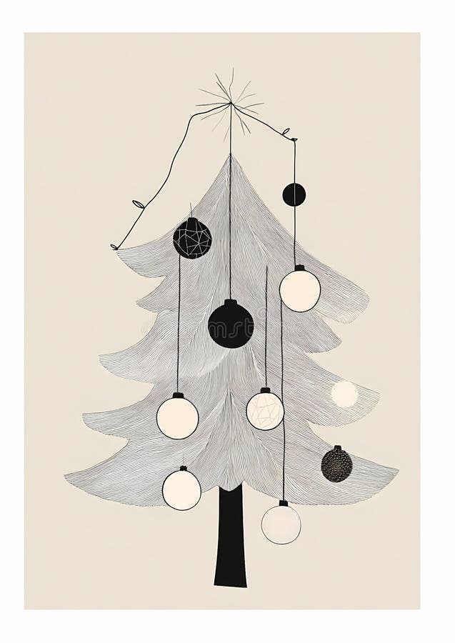 Minimalistic illustration of a Christmas tree with black and white ornaments. stock illustration