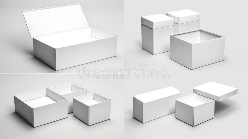 Minimalistic image of four white boxes on a neutral gray background. Perfect for graphic design projects royalty free stock photos