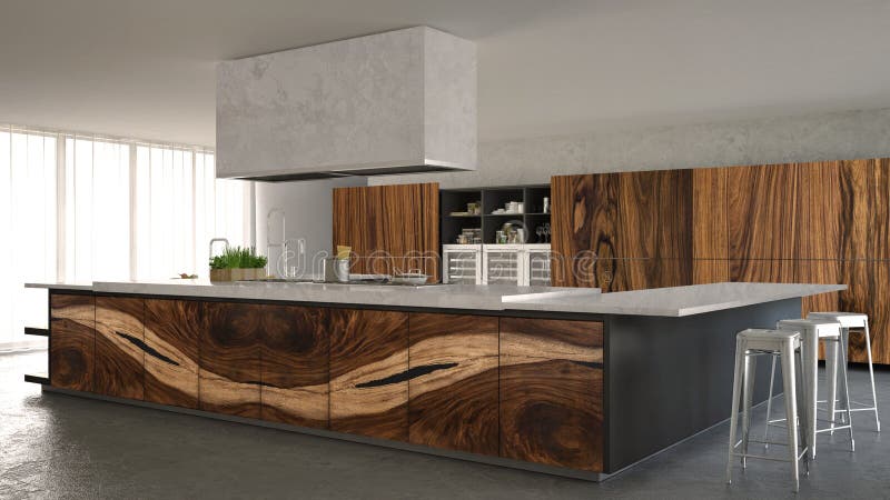 Minimalistic kök för vit och för grå färger, med klassiska wood monteringar, lyxig inredesign royaltyfri foto