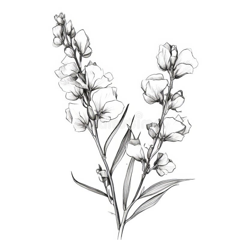 Delicate Line Drawing of Pansy Shaped Snapdragon Flowers Stock