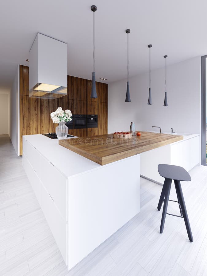 Minimalistic modern kitchen in white with elements of hardwood panels and countertops. Built-in appliances, pendant lamps and free