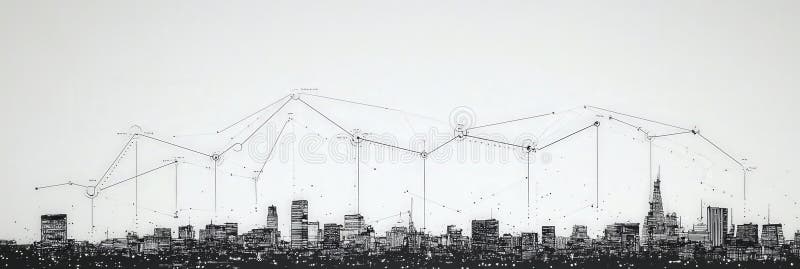 A minimalistic monochrome city skyline highlighted with an abstract line network merging urban aesthetics with technological ilustração stock
