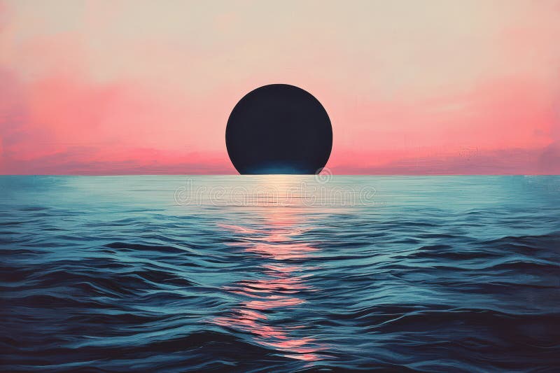 Minimalistic oceanic sunset with a surreal black silhouette on calm waters during a vibrant pink horizon, creating a royalty free stock photography