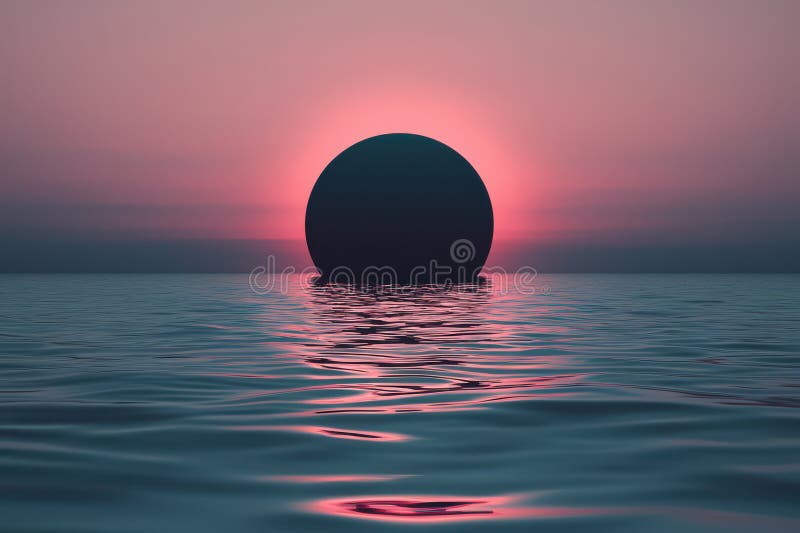 Minimalistic oceanic sunset with a surreal black silhouette on calm waters during a vibrant pink horizon, creating a royalty free stock image