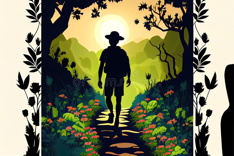 Minimalistic postcard silhouette traveler in the jungle. Generative AI royalty free stock images
