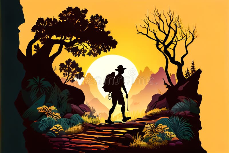 Minimalistic postcard silhouette traveler in the jungle. Generative AI stock photo