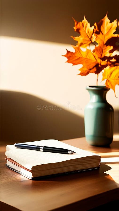 Minimalistic postcard for teacher's day. Copybook, pen and fall bouquet in vase. copy space stock photos
