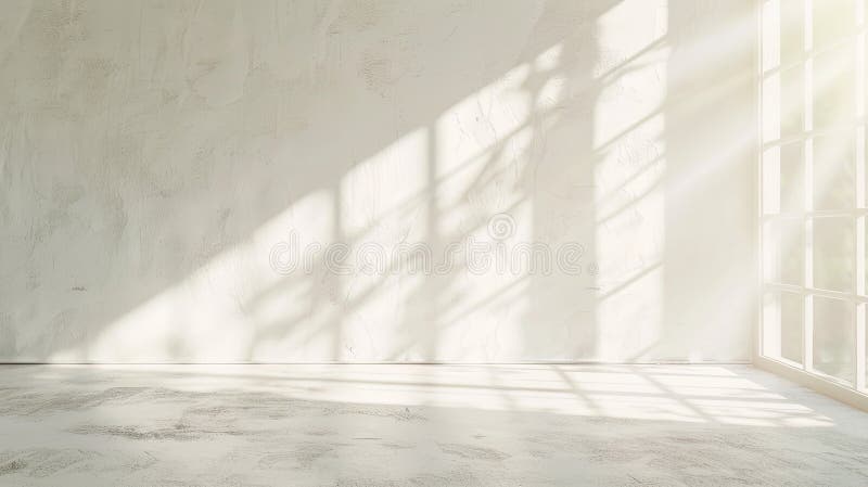 A minimalistic and realistic design featuring blurred natural light through windows, shadow overlay on textured wallpaper, creating an abstract background. It provides a minimal, abstract white backdrop ideal for product presentations. AI generated