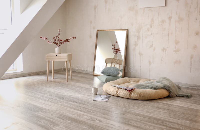 Minimalistic room interior with big mirror on floor stock photos Minimalistic room interior with big mirror on floor stock photos