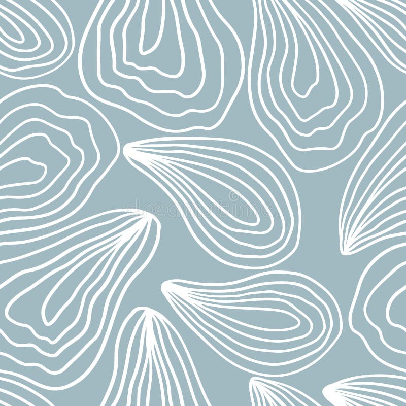 Minimalistic seamless pattern of oysters. Vector hand drawn illustration of a mollusk in pastel colors. A simple