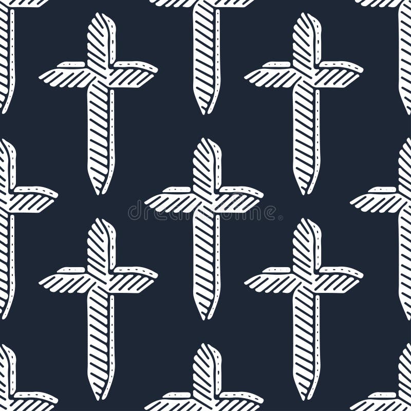 Minimalistic Seamless Pattern. White Crosses on Black Background