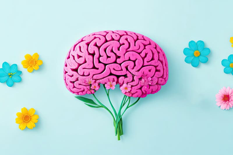 Human Brain with Spring Colorful Flowers. Ai Generative Stock Image