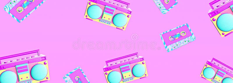 Minimalistic stylized collage pattern art.  Retro fashion party 90s vibes. Tape recorder and cassette