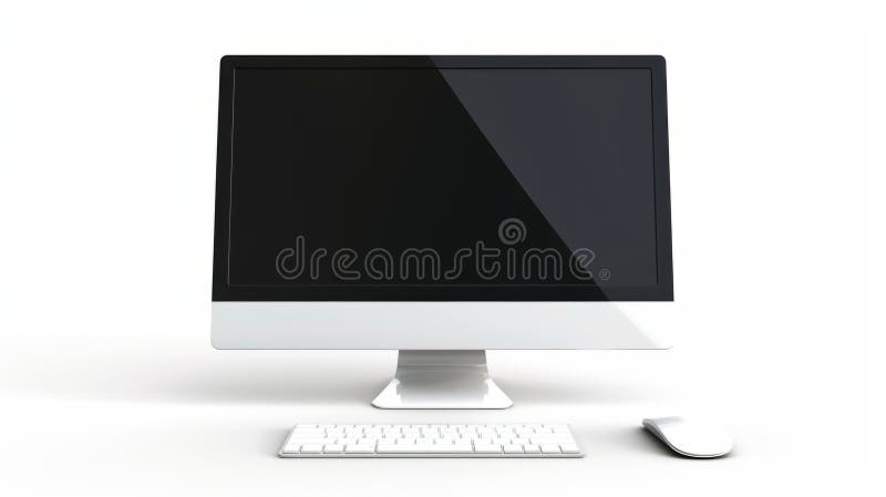 Minimalistic white desktop computer with large black monitor screen, white keyboard, and white mouse isolated on plain stock images