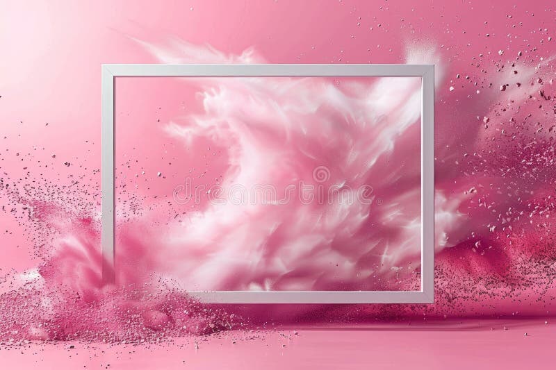 Minimalistic white frame surrounded by clouds and smoke of powder on a pink background. Delicate design, perfect for artistic royalty free illustration
