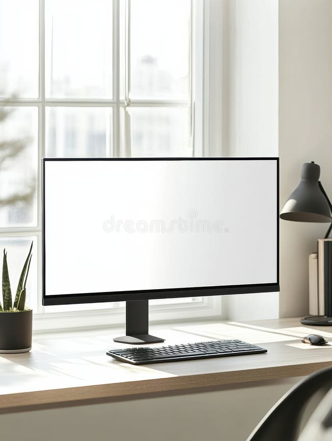 Minimalistic workspace featuring sleek desktop monitor with bright white screen on clean desk with soft shadows stock image