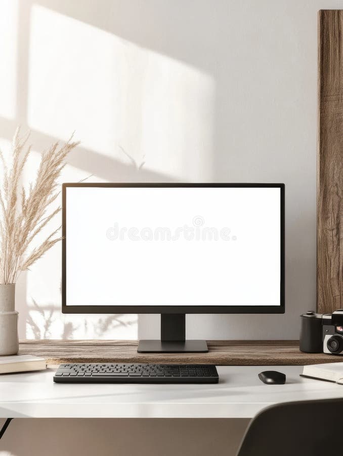 Minimalistic workspace featuring sleek desktop monitor and clean professional design with bright white screen royalty free stock images
