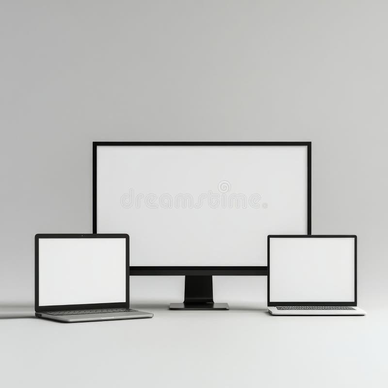 Minimalistic workspace setup with desktop monitor and laptops stock image