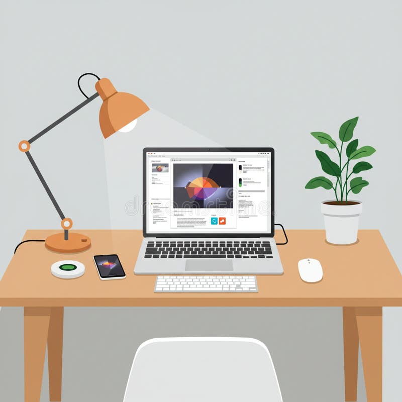 A minimalistic workspace setup featuring a wooden desk with a laptop displaying a royalty free illustration