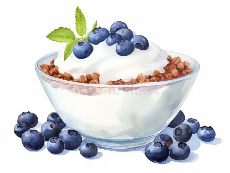 Minimalistische Aquarellbild einer Schüssel Jogurt mit Granola und Heidelbeeren ai erzeugt vektor abbildung