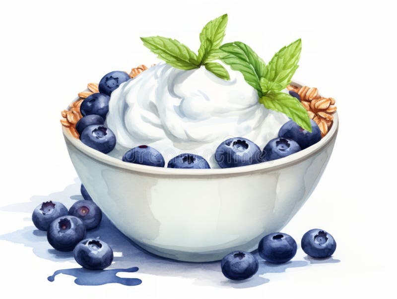 Minimalistische Aquarellbild einer Schüssel Jogurt mit Granola und Heidelbeeren ai erzeugt stock abbildung