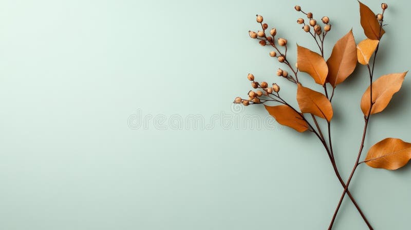 Minimalistische Komposition mit einem zarten Herbstzweig mit braunen Blättern und Beeren mit weichem pastellblauen Hintergrund stock abbildung