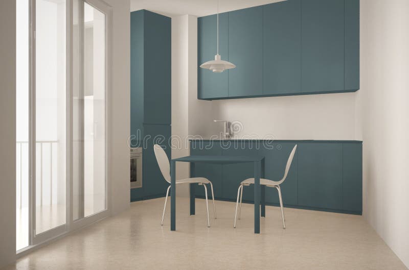 Minimalistische moderne keuken met groot venster en eettafel met stoelen, wit en blauw architectuur binnenlands ontwerp royalty-vrije stock afbeeldingen Minimalistische moderne keuken met groot venster en eettafel met stoelen, wit en blauw architectuur binnenlands ontwerp royalty-vrije stock afbeeldingen