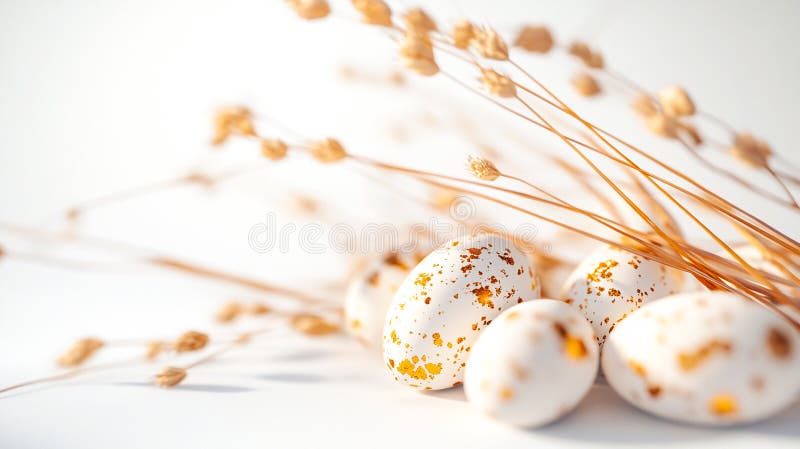 Minimalistische Stillleben Wachteleier Weiß- und Goldeier Ostereier und trockene Feldspitzen auf weißem Hintergrund. modern stockbilder