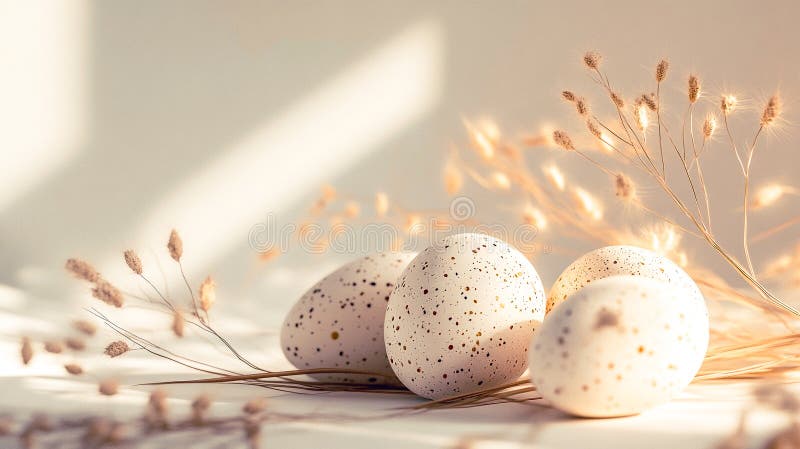 Minimalistische Stillleben Wachteleier Weiß- und Goldeier Ostereier und trockene Feldspitzen auf weißem Hintergrund. modern lizenzfreie stockfotos