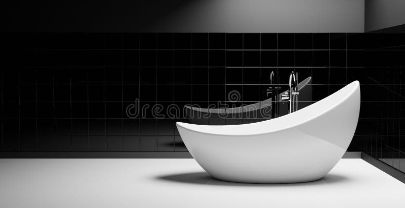 3d illustration of a s stylish bathtub in a minimalist setting. The bathroom tiles and walls are black, with the floor is white, and the room lit my a skylight. 3d illustration of a s stylish bathtub in a minimalist setting. The bathroom tiles and walls are black, with the floor is white, and the room lit my a skylight.