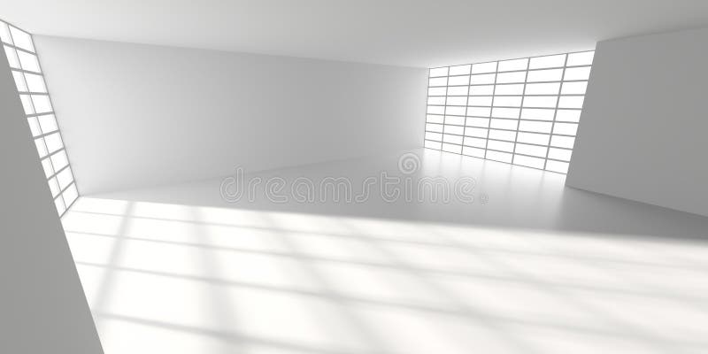 Minimalistischer weißer Raum mit geometrischen Sonnenschirmen und großen Fenstern lizenzfreie abbildung