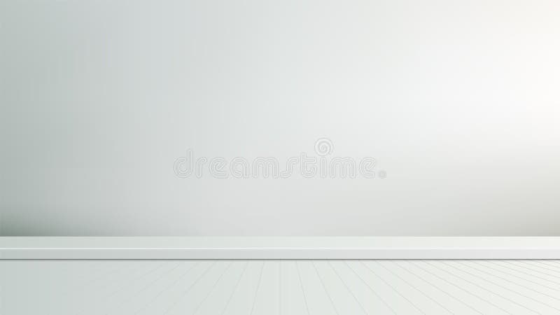 Minimalistischer weißer Raum mit sauberem Holzkornboden Moderne Innenausstattung für Produkt-Mockup-Schaufenster vektor abbildung