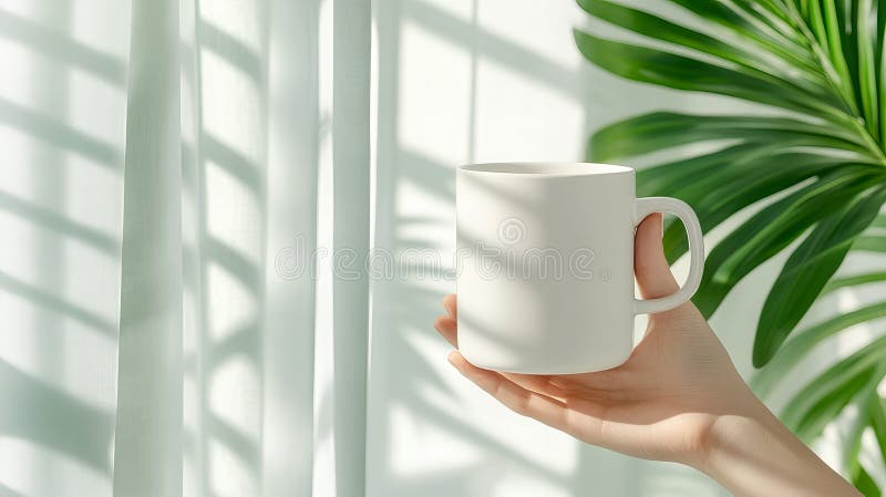 Minimalistischer weißer Schlamm, der von weiblicher Hand vor weichem sonnenbeleuchtetem Hintergrund gehalten wird lizenzfreie abbildung
