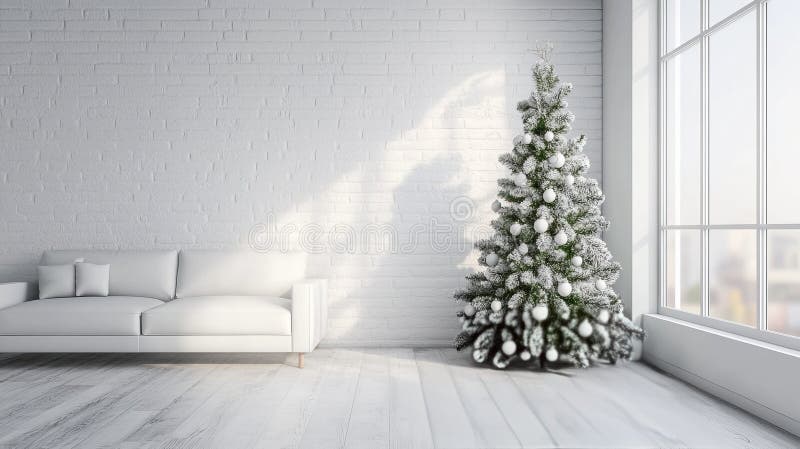 Minimalistischer weißer Wohnraum mit schneebedecktem Weihnachtsbaum, weißes Sofa und helles Fenster. Ideal für einen gemütlichen U stock abbildung