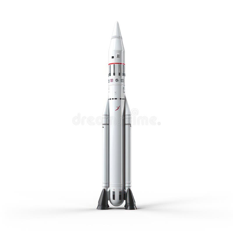 Minimalistisches Raketenschiff, isoliert auf weißem Hintergrund, symbolisiert Weltraumforschung. lizenzfreies stockbild