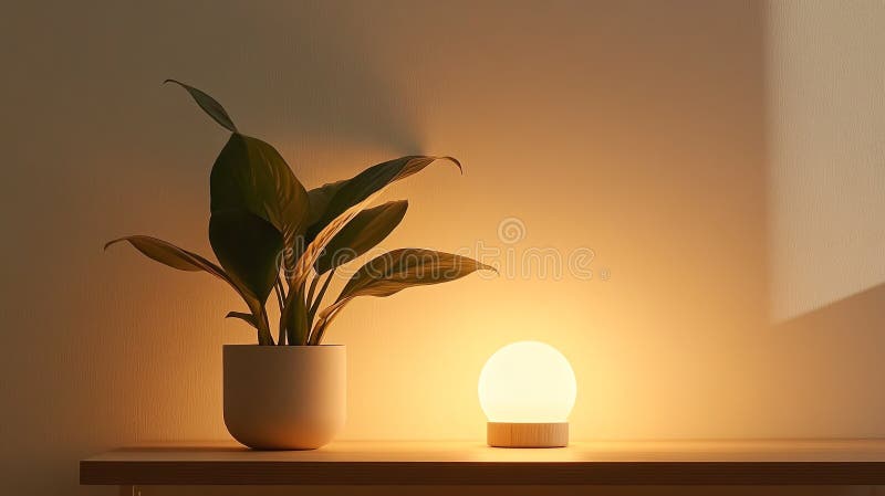Minimalistisches Schreibtisch mit einer Topfpflanze und einer glühenden Schreibtischleuchte. Hintergrund stockfotos