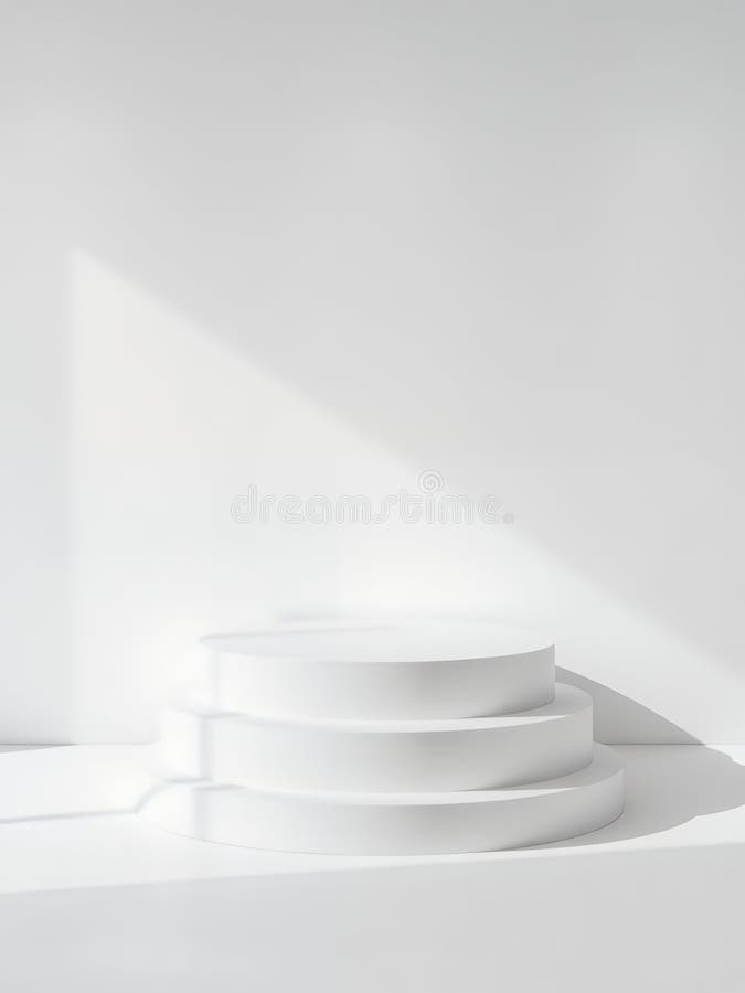 Minimalistisches weißes Display mit kreisförmigen Plattformen und natürlichen Lichtschatten. Minimalistisches Setup mit mehreren weißen Rundplattformen in verschiedenen Höhen. sanftes natürliches Licht erzeugt sanfte Schatten über der Oberfläche und erhöht so die Einfachheit. generative Hilfe