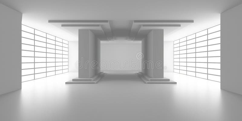 Minimalistisches weißes Interieur mit Säulen und geometrischen Mustern für modernes Architekturkonzept lizenzfreie abbildung