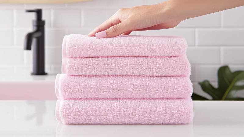 Minimalistisk badrumsdesign med lätta krämplattor med dammig rosfågel och snyggt arrangerade mjuka rosa handdukar på en mattsvart. vektor illustrationer